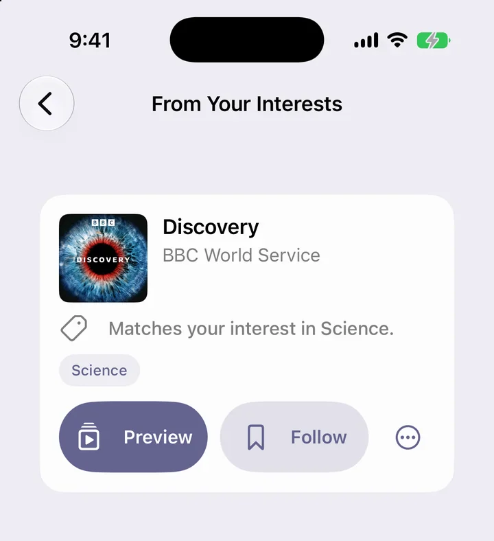 FeedCast From Your Interests recommendation for Discovery by BBC World Service, using the Grape accent