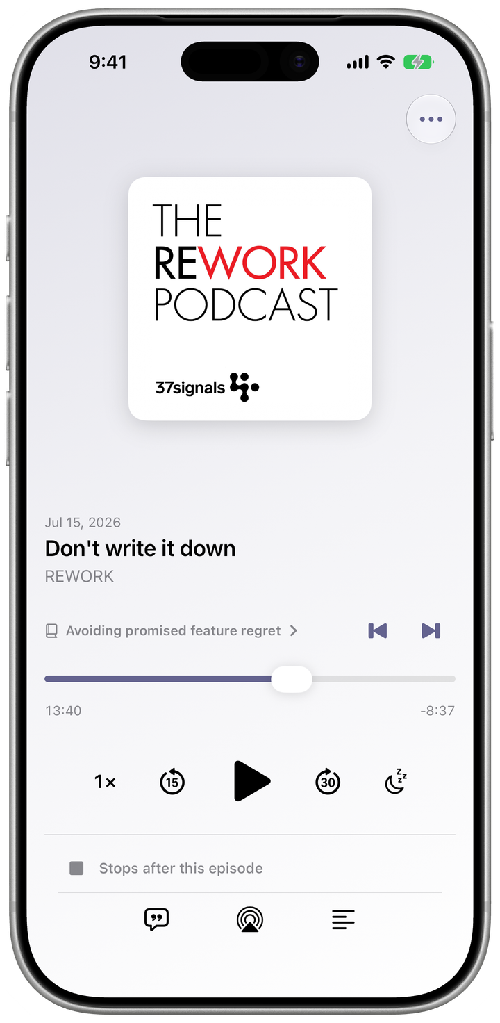 FeedCast Now Playing for REWORK using Light mode and the Grape accent, with publisher chapters