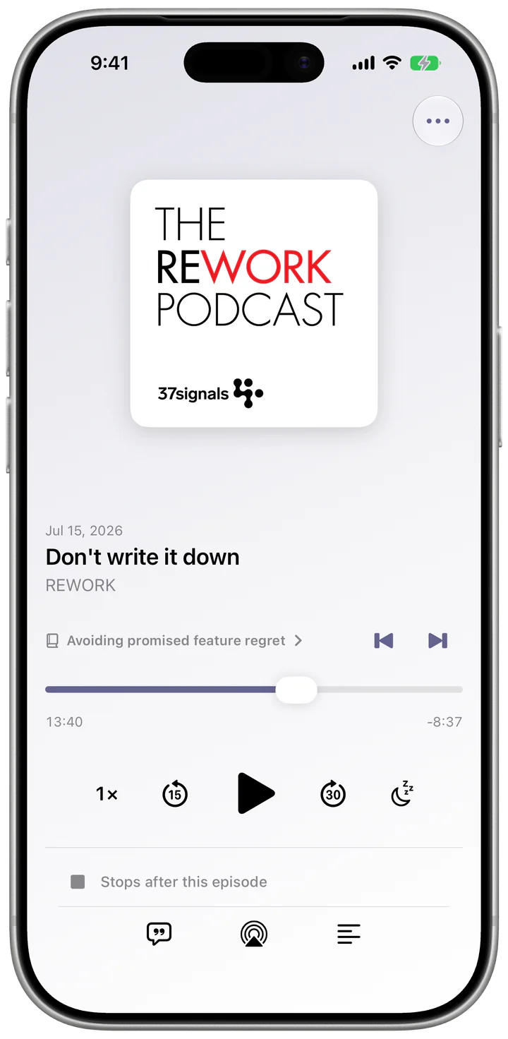 FeedCast Now Playing for REWORK using Light mode and the Grape accent, with publisher chapters