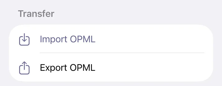 FeedCast Transfer settings using the Grape accent, with Import OPML and Export OPML controls