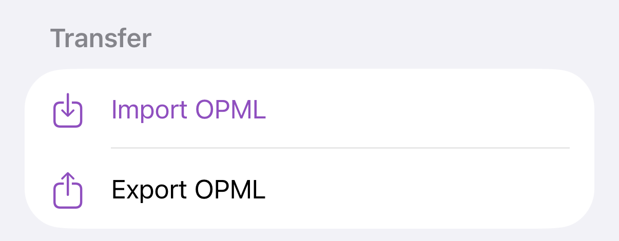 FeedCast Transfer settings with Import OPML and Export OPML controls
