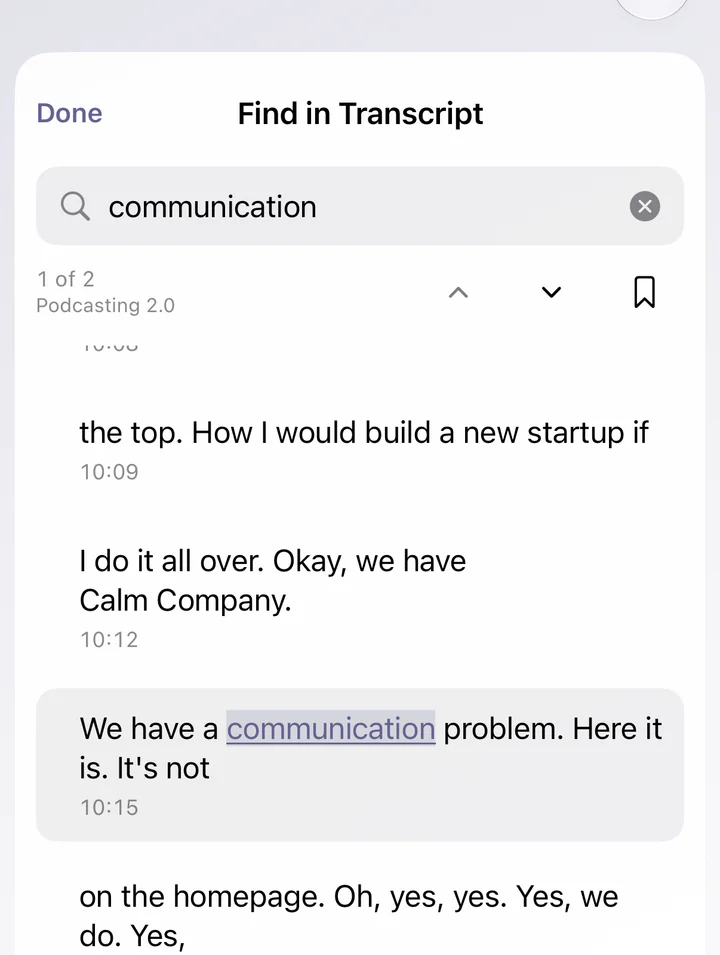 FeedCast Find in Transcript showing a show search and highlighted matches