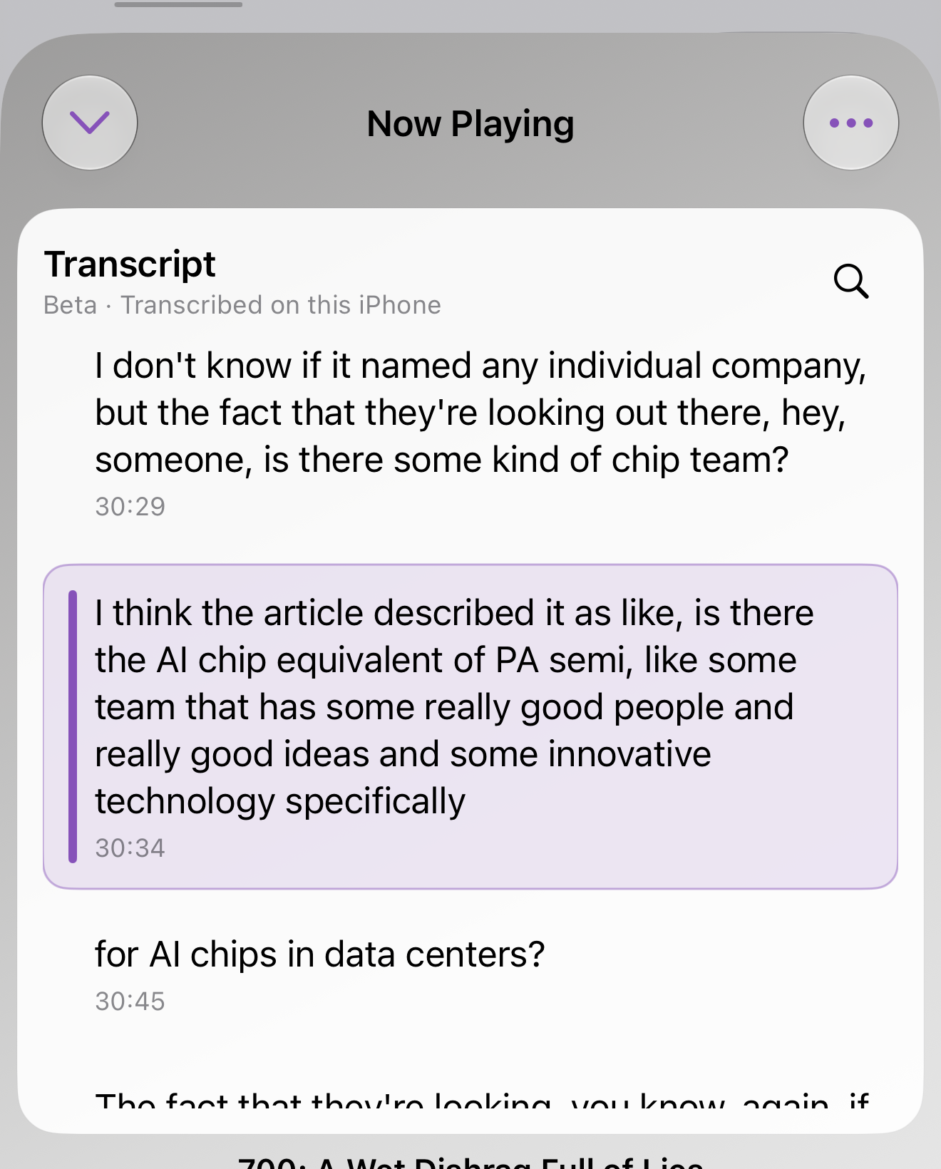 FeedCast on-device Transcript Beta following the current timed passage