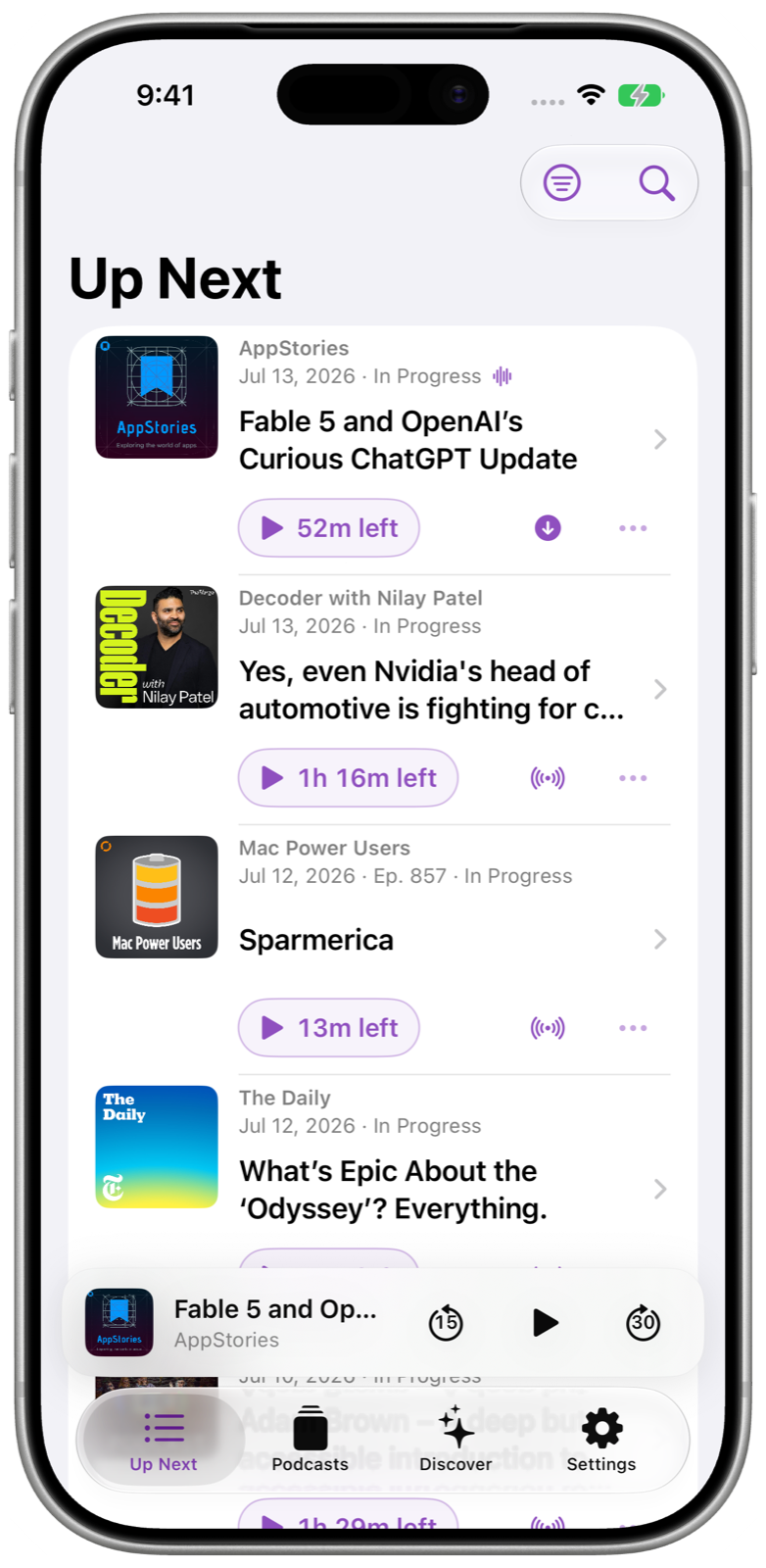 FeedCast Up Next on a silver iPhone with public podcast artwork and one clear listening queue