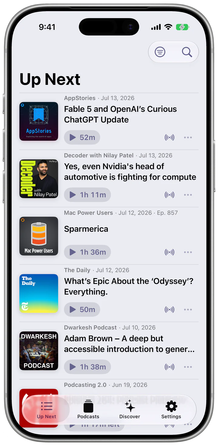 FeedCast Up Next queue using the Grape accent, showing podcast artwork and queued episodes